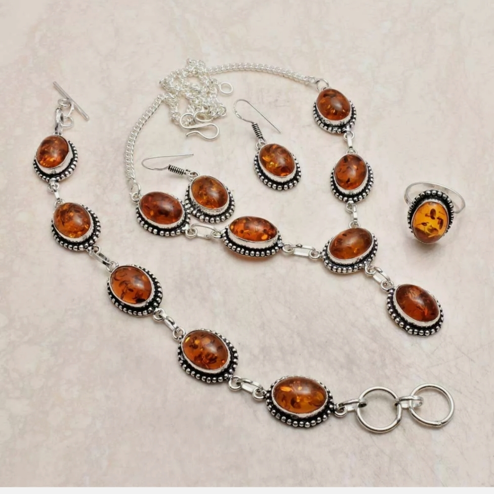 New amber sterling silver necklace set